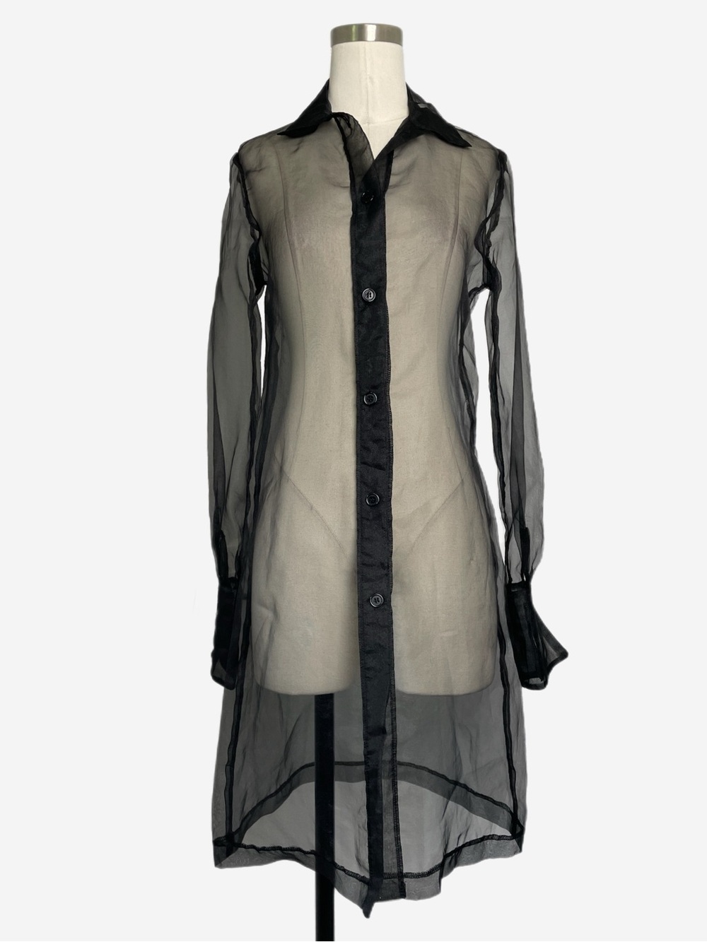Vintage 90s La Belle black sheer organza button down tunic dress minimalist XS